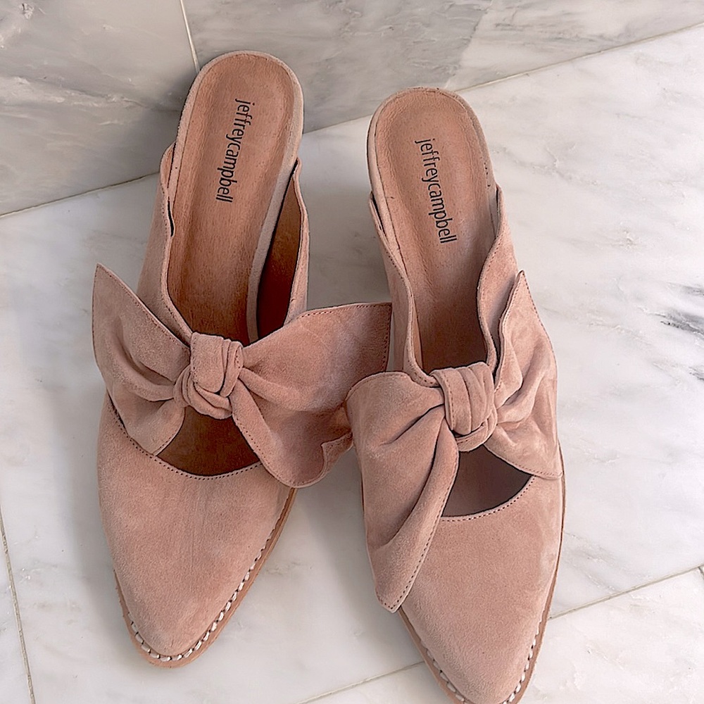 Size 10 Jeffrey Campbell chunky suede mules-pink bows 3” heel